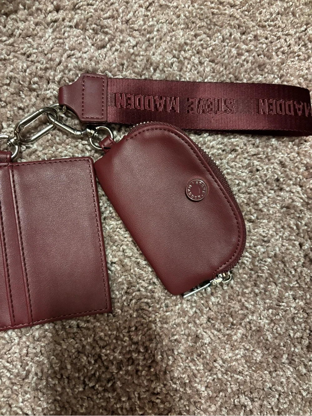 Steve Madden Wine Leather Card Pouch with Detachable Strap